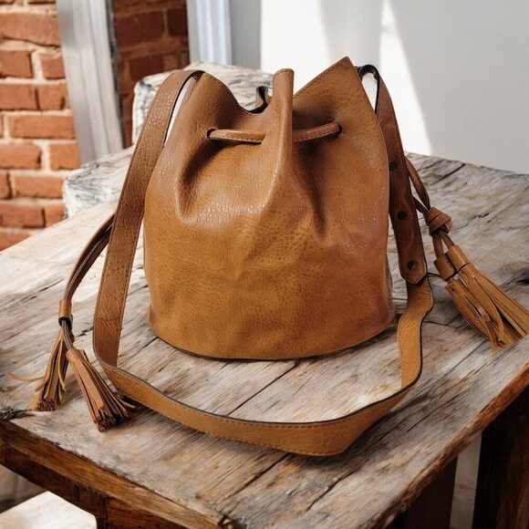 Handbags - Vegan Leather Drawstring Bucket Bag with Tassels